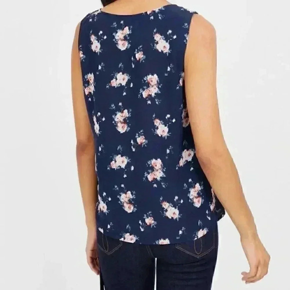New Nior Navy Chiffon Red & Pink Rose Print Asymmetric Lace Up Sleeveless Blouse - Picture 4 of 8